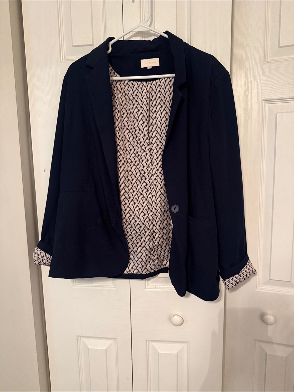 Skies Are Blue Navy Blazer with Patterned Cream Lining and Rolled Cuffs